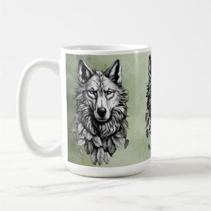 Mug tête de loup animal feuille dessin d'art original