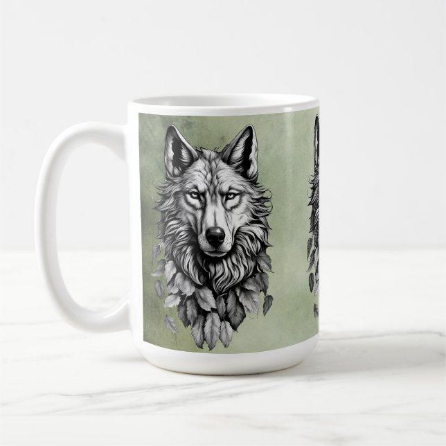 Mug tête de loup animal feuille dessin d'art original (Gauche)