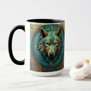 Mug Tête de loup d'or et de turquoise