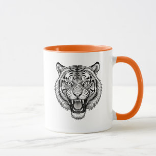 Mug Tête de tigre rugissant? en noir et blanc.
