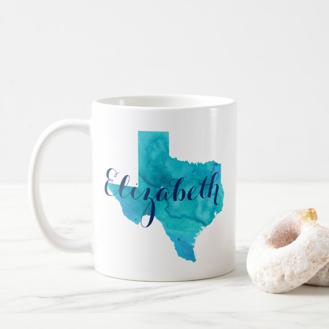 Mug Texas State Aqua Blue Watercolor Nom Café personna (Avec donut)