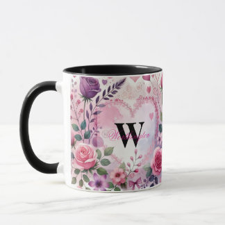 Mug Texte de typographie cœurs floraux aquarelle roman