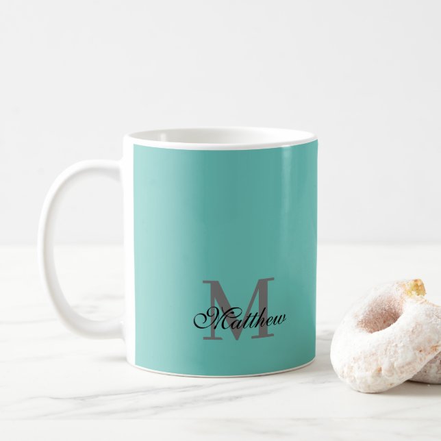 Mug Texte initial et nom personnalisé turquoise (Avec donut)