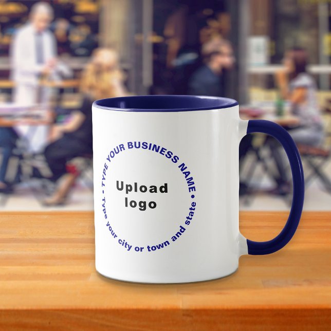 Mug Textes d'affaires Motifs circulaires sur le Combo  (Build brand name awareness. Round pattern business brand texts on navy blue combo mug.)