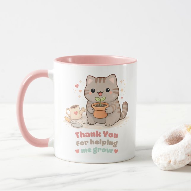 Mug Thank You for Helping Me Grow Cute Cat Sweet Pink (Avec donut)