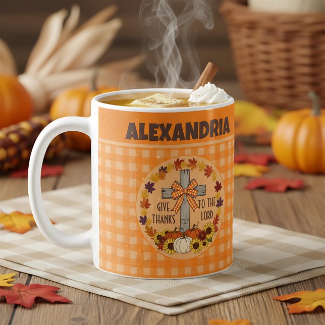 Mug Thanksgiving Give Thanks To The Lord Orange Plaid (Créateur téléchargé)