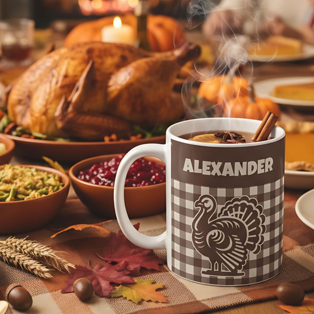 Mug Thanksgiving Turkey Brown & Tan Plaid Name (Créateur téléchargé)