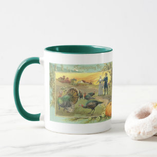 Mug Thanksgiving vintage avec des dindes et des pèleri