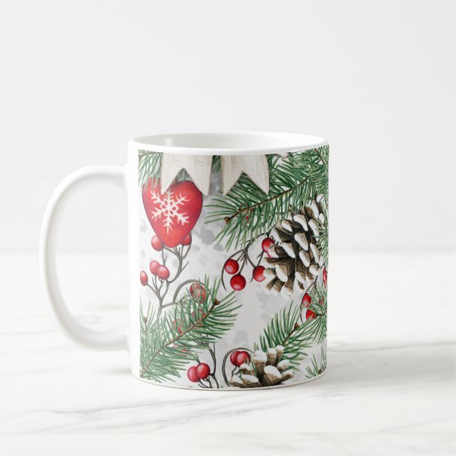 Mug Thème classique de Noël en aquarelle et cône de pi (Gauche)