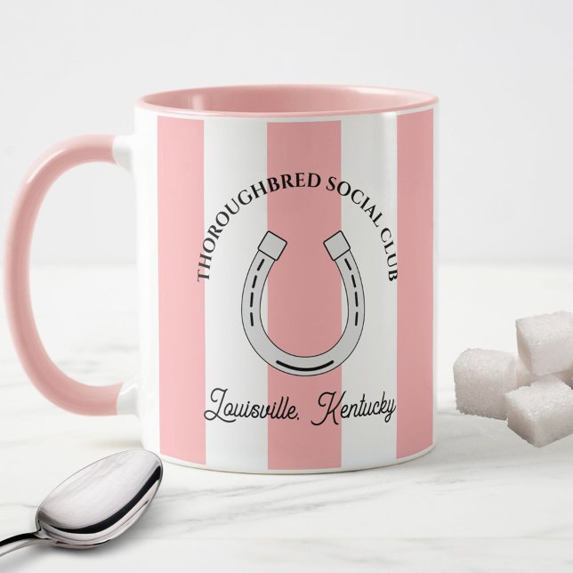 Mug Thoroughbred Social Club Pink Stripes Horseshoe (Thoroughbred Horse Racing Social Club Custom Mug in Pink Cabana Stripes)
