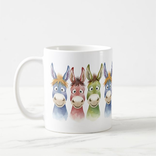Mug Three Colorful Cartoon Donkeys in Watercolor Style (Gauche)