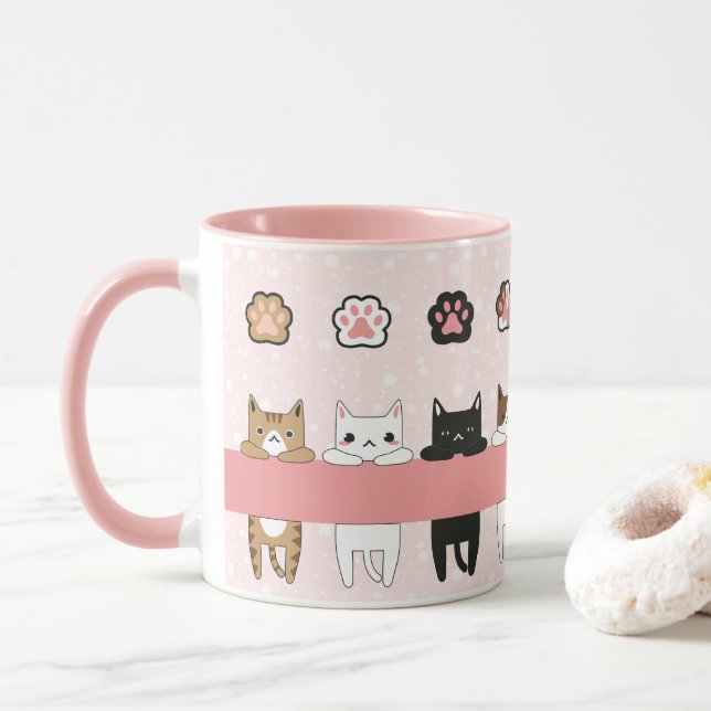 Mug Tiernos gatitos en fondo rosa con flores (Avec donut)