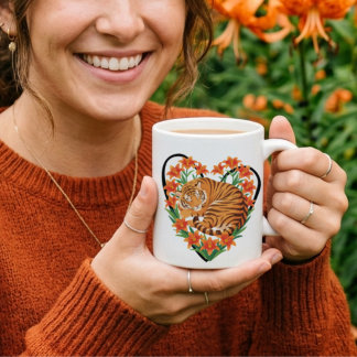 Mug Tigre mignon avec cœur floral de lys orange