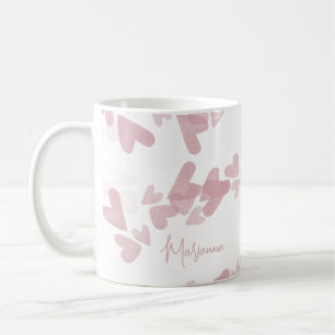 Mug Timbres de cœur à l'aquarelle Nom de script rose