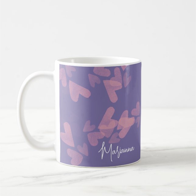 Mug Timbres de cœur à l'aquarelle Nom de script rose V (Gauche)