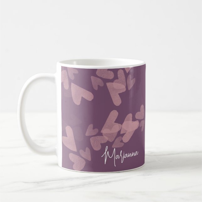 Mug Timbres de cœur à l'aquarelle Rose Script Nom Mauv (Gauche)