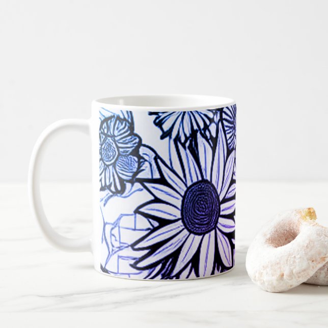 Mug Tirage Abstrait Art Floral Bleu violet (Avec donut)