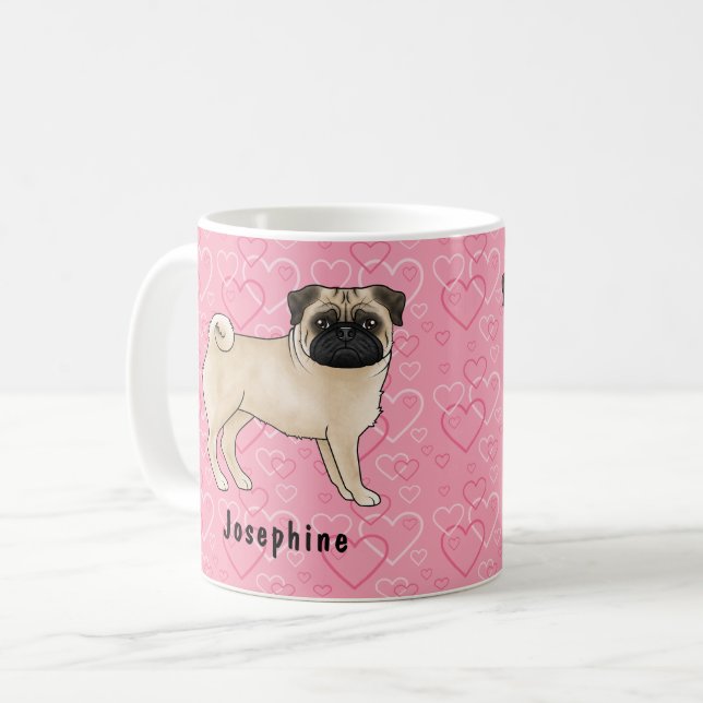 Mug Tireur Carlin Chien Mops Mignons Et Coeurs Roses A (Devant gauche)