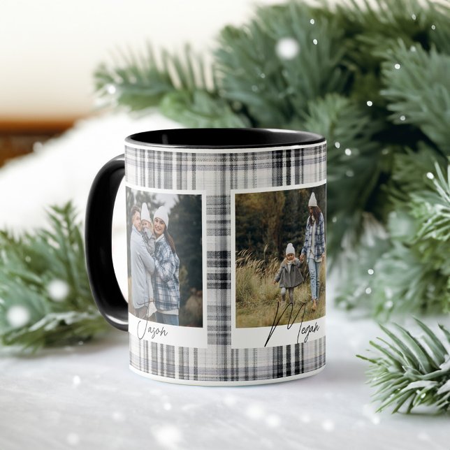 Mug Tissu souple noir et blanc Plaid Photos de famille (Cozy Black and White Plaid fabric Family Photos Mug)