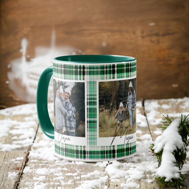 Mug Tissu vert et blanc confortable Photos de famille (Cozy Green and White Plaid fabric Family Photos Mug)