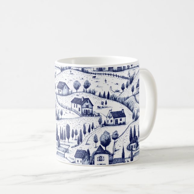 Mug Toile Bleue Vintage - Architecture Pastorale Arbre (Devant droit)