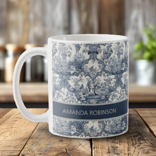Mug Toile de Jouy florale damassée bleue vintage avec