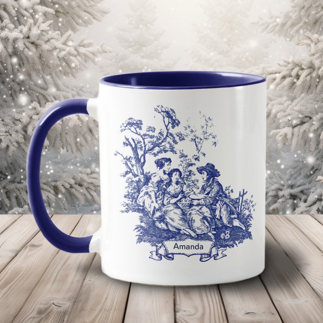 Mug Toile De Jouy Vintage Bleu Monogramme Campagne Fra (Créateur téléchargé)