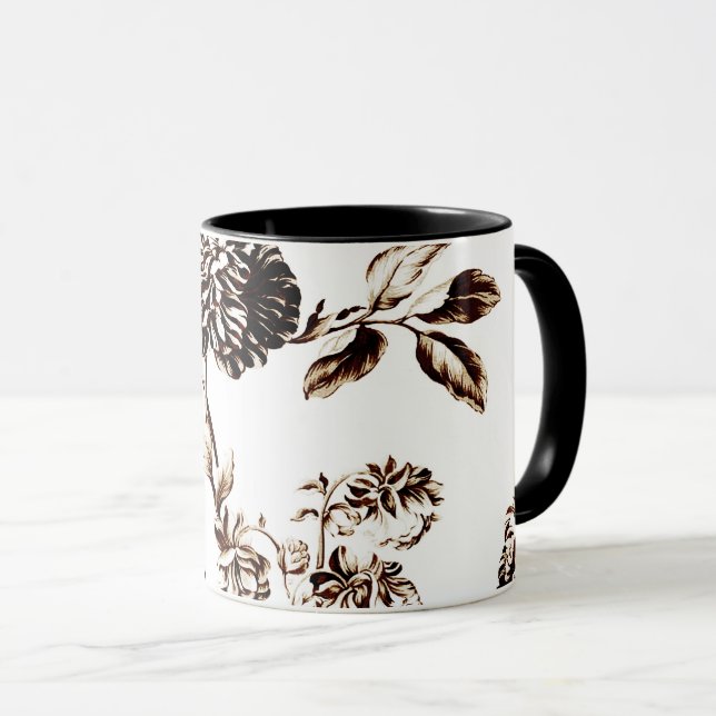 Mug Toile floral botanique en bronze noir et blanc (Devant droit)