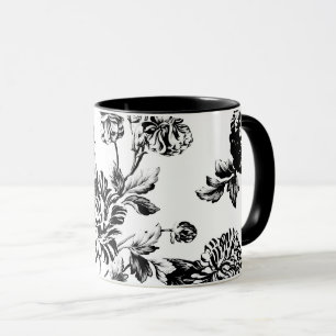 Mug Toile floral botanique vintage blanc noir
