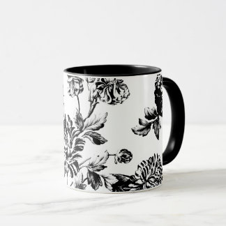 Mug Toile floral botanique vintage blanc noir