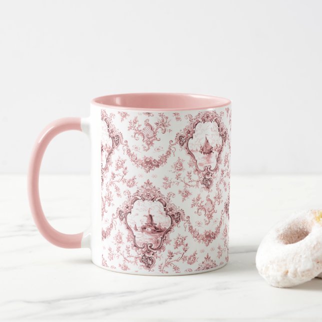 Mug Toile florale gravée avec moulin à vent et bateaux (Avec donut)