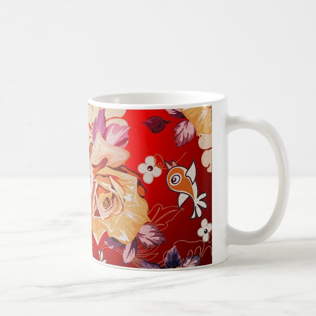 Mug Tons rouges Main Rustique Tirée Rose & Oiseaux (Droite)