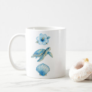 Mug Tortue de mer à l'aquarelle bleue et éléments côti