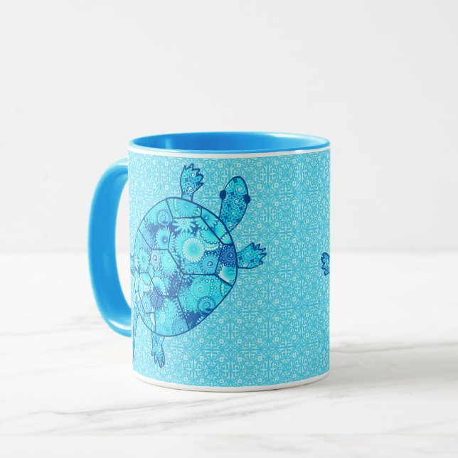 Mug Tortue de remous de fractale - bleu de cobalt et (Devant gauche)