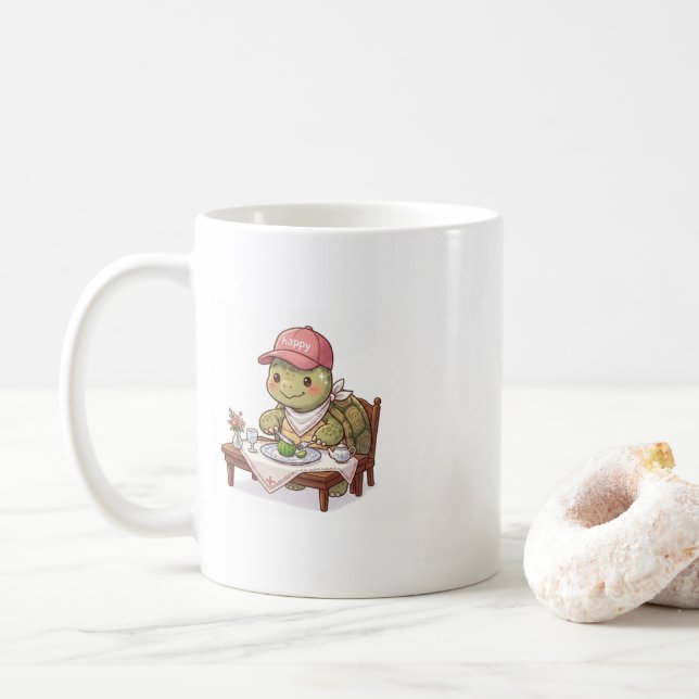 Mug Tortue mignonne et heureuse prenant un repas (Avec donut)