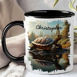 Mug Tortue par Reflection du lac Forest<br><div class="desc">Profitez de la beauté sereine de la nature avec la Tortue de Forest Lake Reflection Mug. Cette charmante tasse présente une image détaillée d'une tortue reposant sur un rocher au bord d'un lac forestier paisible, au cadre paisible et à l'eau limpide magnifiquement reflété. Customisé de votre nom, il ajoute une...</div>