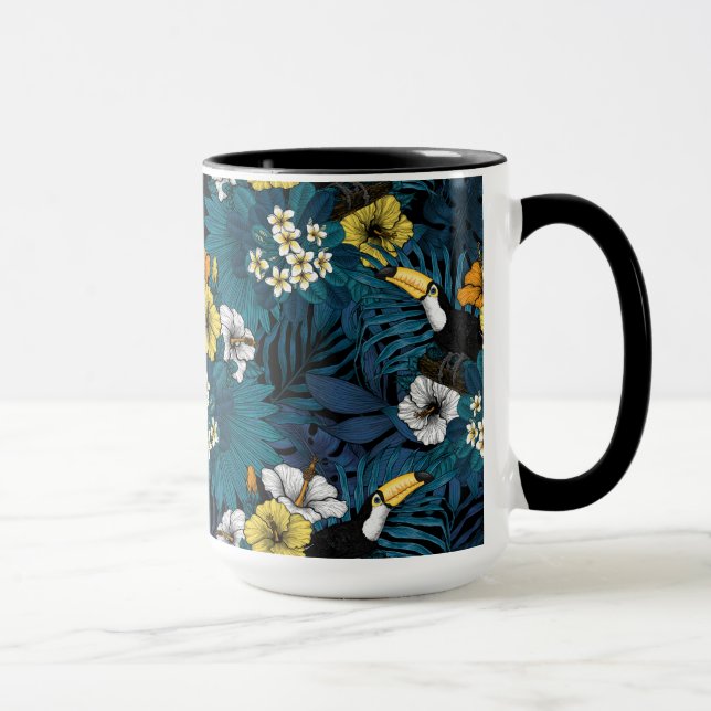 Mug Toucans et flore tropicale, bleu, jaune, orange (Droite)