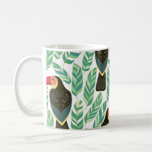 Mug Toucans, feuilles tropicaux, motif décoratif.
