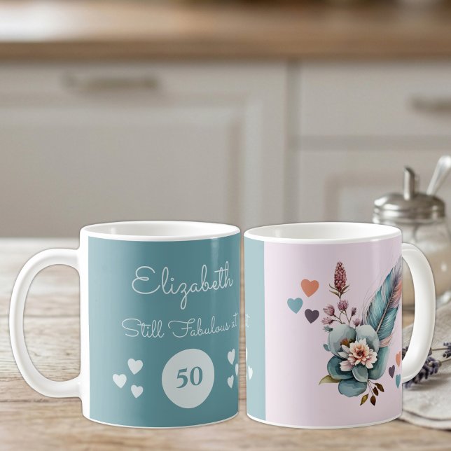 Mug Toujours fabuleuse à 50 ans fleurs vert rose (Créateur téléchargé)