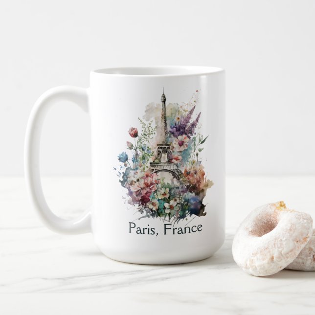 Mug Tour Eiffel Fleurs Aquarelle, Paris France (Avec donut)