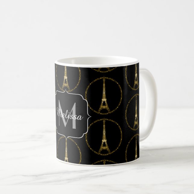 Mug Tour Eiffel motif de paillettes dorées Monogramme (Devant droit)