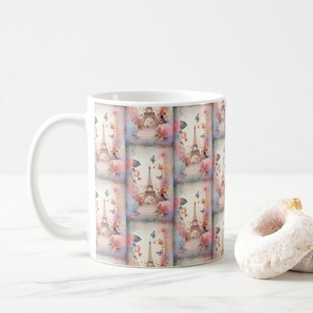 Mug Tour Eiffel Papillon et Fleurs Motif (Avec donut)