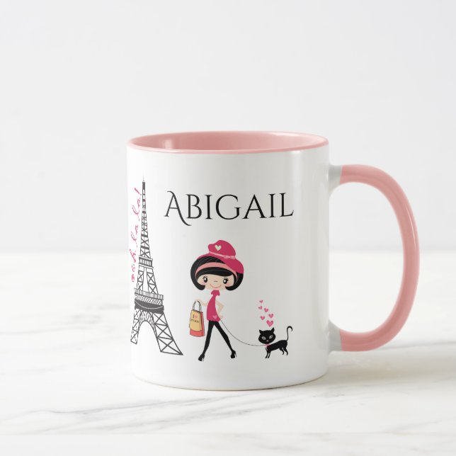 Mug Tour Eiffel Paris Cute Girl and Cat personnalisée (Droite)