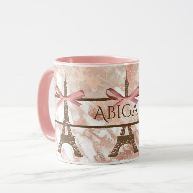 Mug Tour Eiffel personnalisée Marbre blanc, rose rose (Devant gauche)