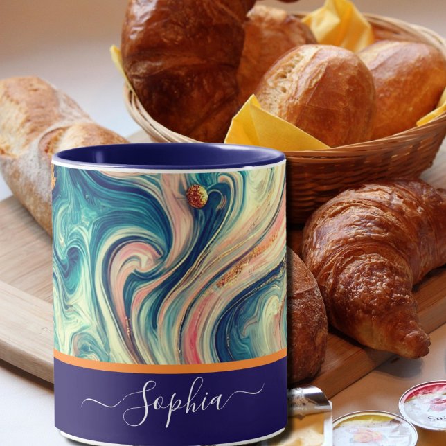 Mug Tourbillons bleus et or abstraits - ajouter un nom (Créateur téléchargé)