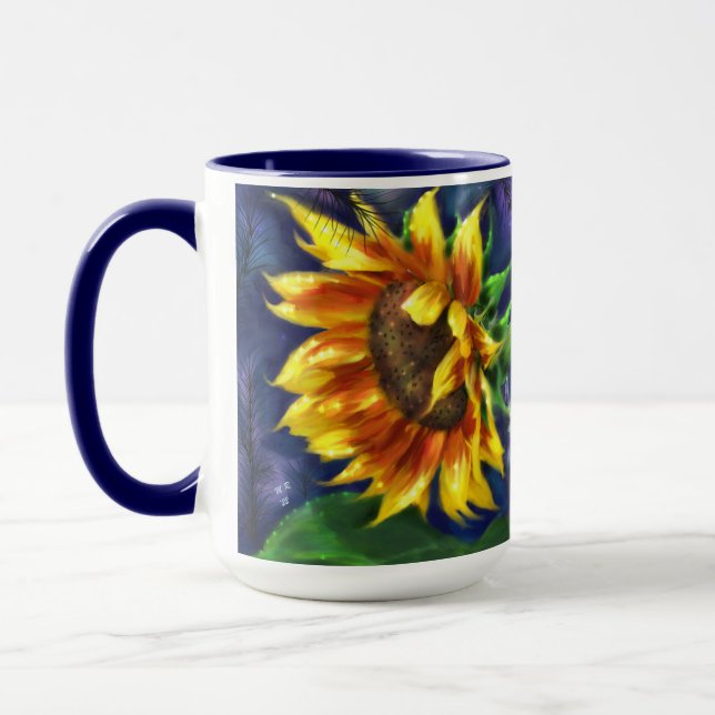 Mug Tournesol à la nuit Fleur bleu jaune floral (Gauche)