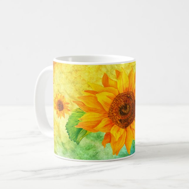 Mug Tournesol Art sur l'Arrière - plan d'aquarelle col (Devant gauche)