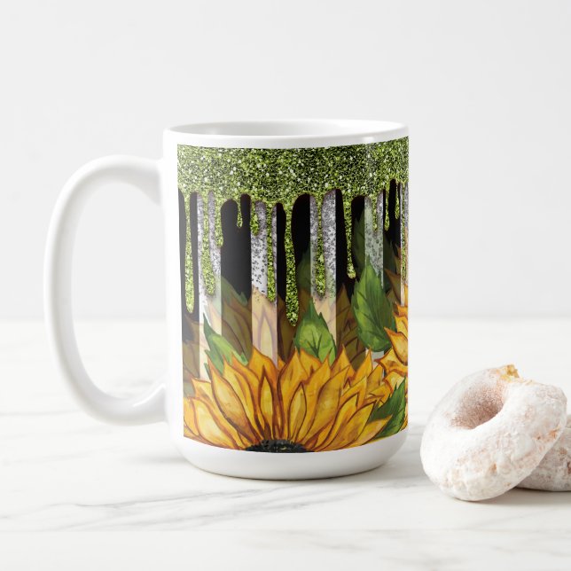Mug Tournesol avec Parties scintillant verte (Avec donut)