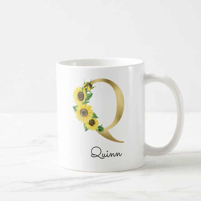 Mug Tournesol doré monogrammé initiale Q (Droite)