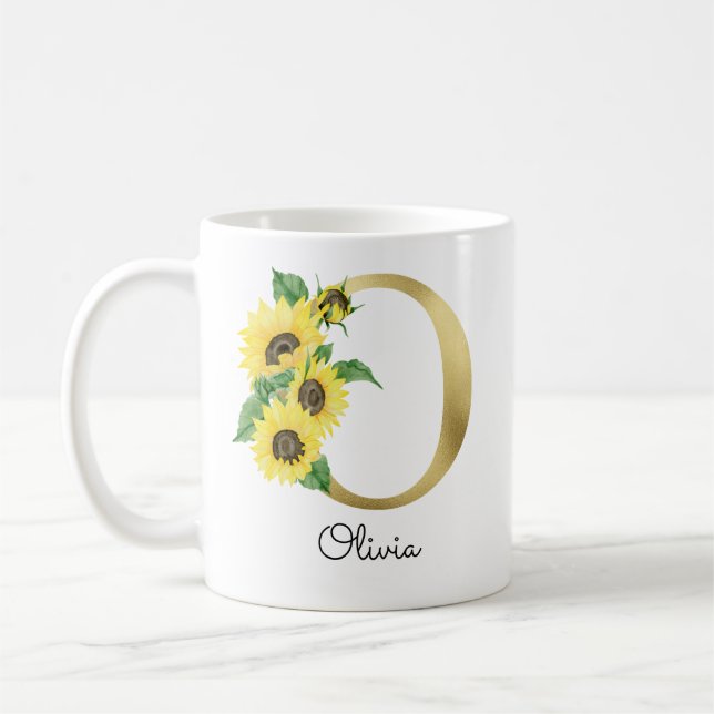 Mug Tournesol Floral Initiale O Dorée avec Monogramme (Gauche)